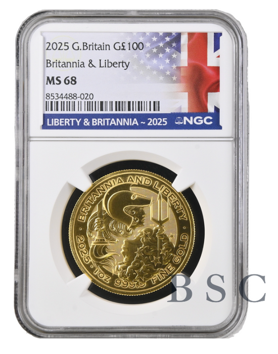 2025 Great Britain £100 Britannia & Liberty 1oz Gold Coin NGC MS68