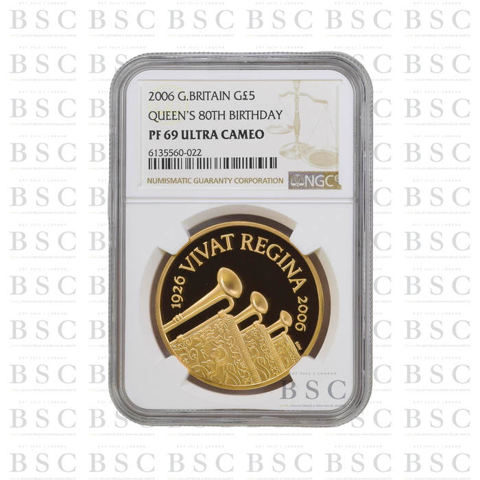 2006 GB £5 Quintuple Sovereign Queen’s 80th Birthday Gold Proof Coin PF69 NGC