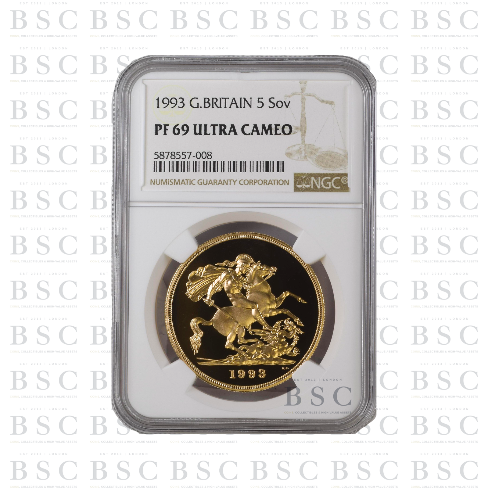 1993 £5 St George Quintuple Sovereign Proof Gold Coin NGC PF69 Ultra Cameo