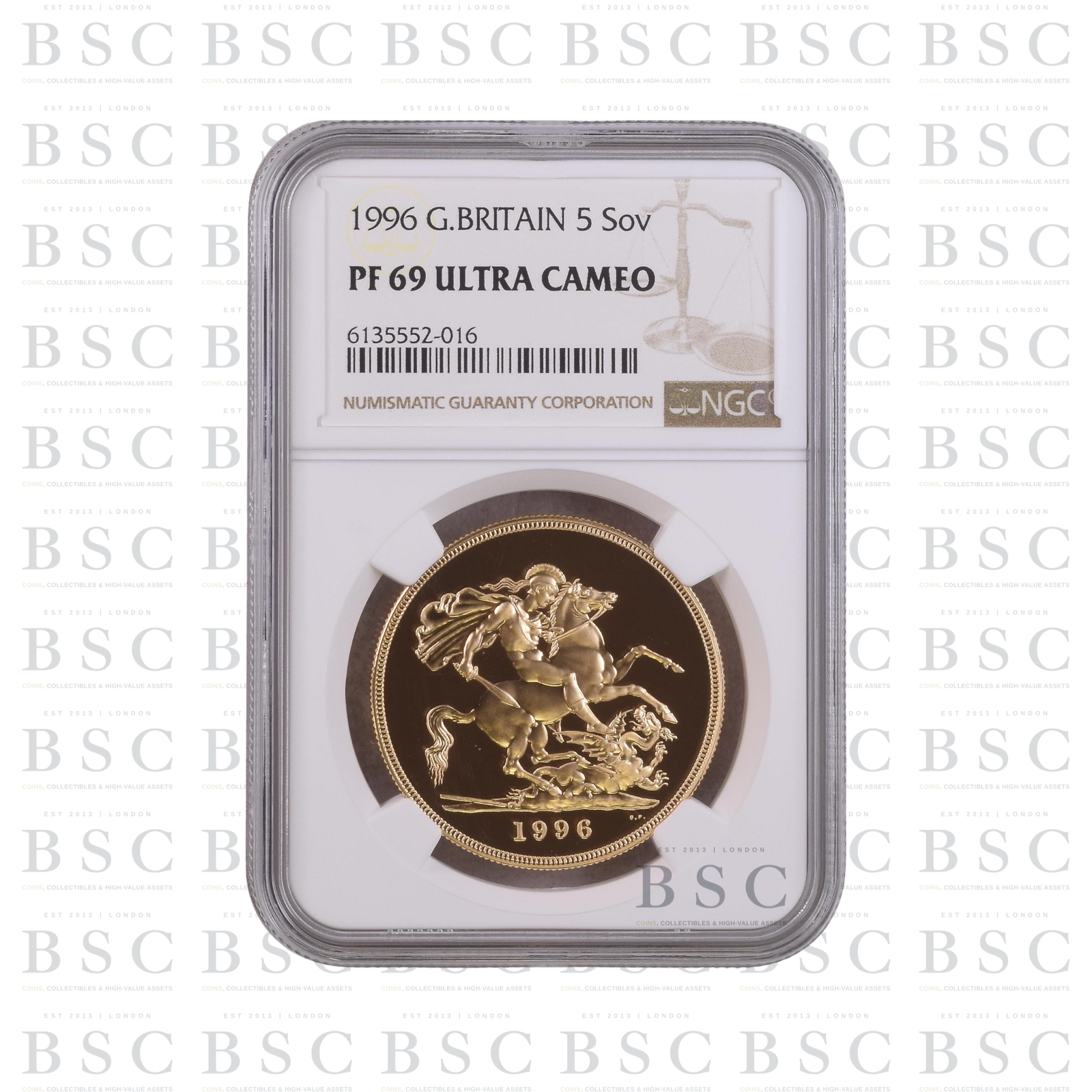1996 £5 Quintuple Sovereign St George Proof Gold Coin NGC PF69 Ultra Cameo