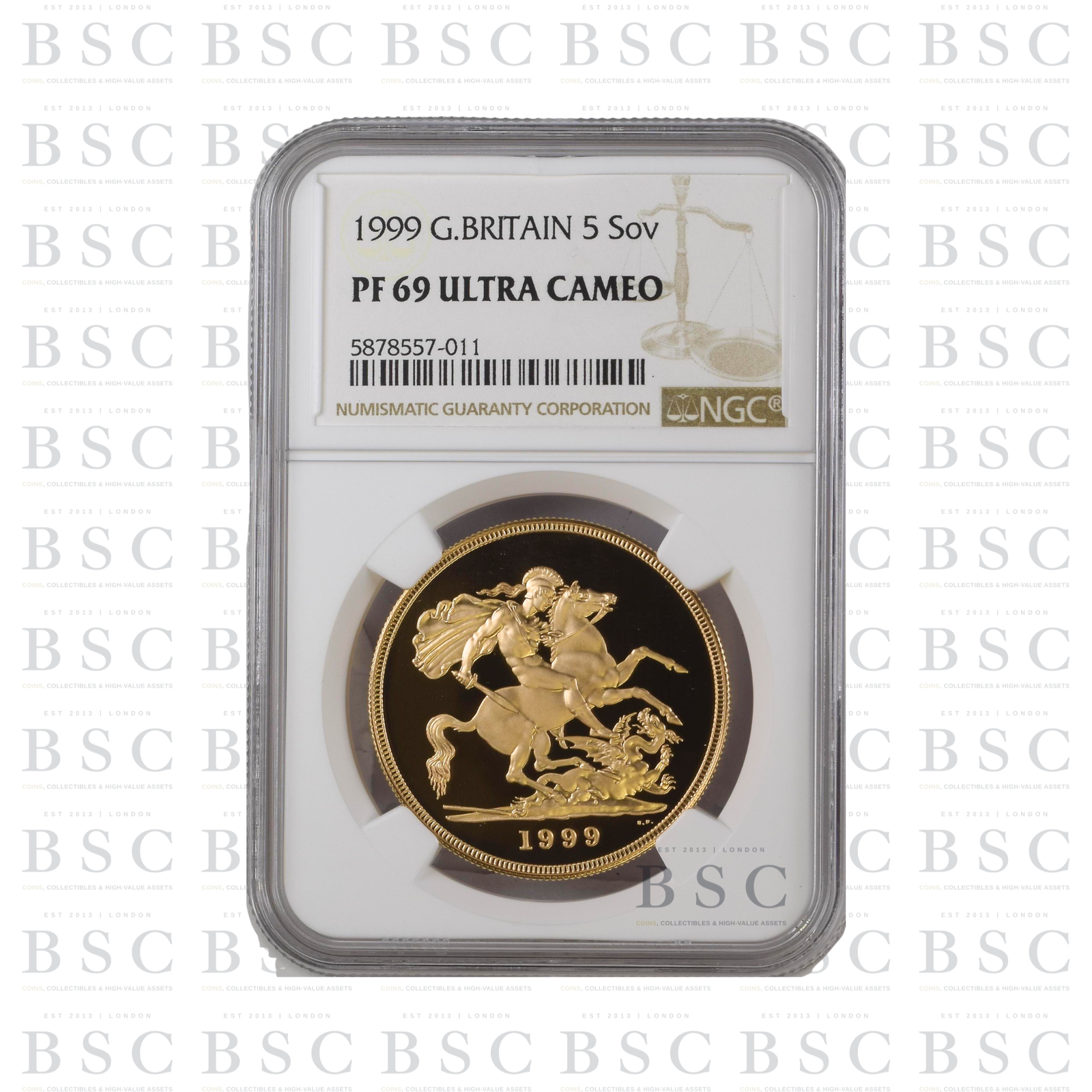 1999 £5 St George Quintuple Sovereign Proof Gold Coin NGC PF69 Ultra Cameo