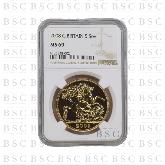 2008 £5 Quintuple Sovereign St George Gold Coin NGC MS69