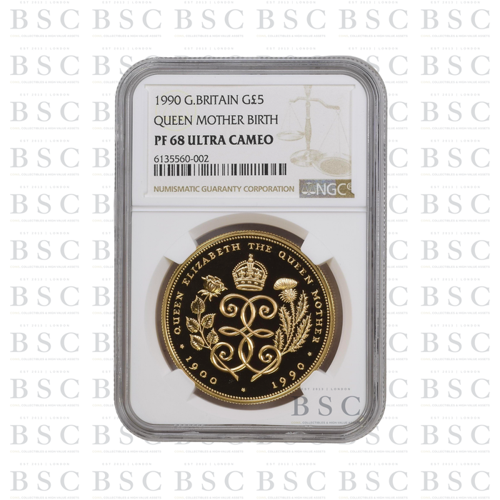 1990 £5 Quintuple Sovereign Queen Mother Proof Gold Coin NGC PF68 Ultra Cameo