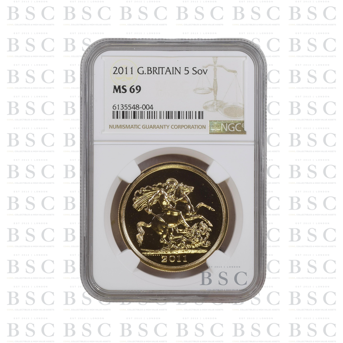 2011 £5 Quintuple Sovereign St George Gold Coin NGC MS69