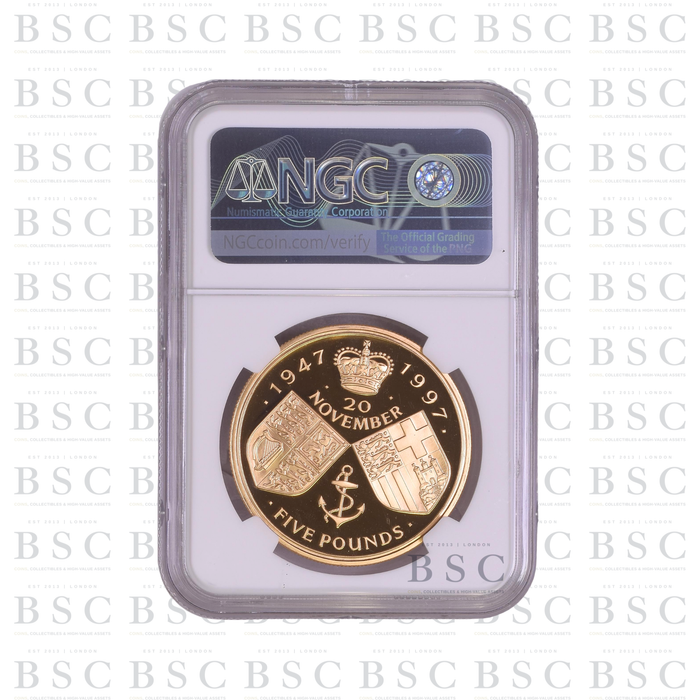 1997 £5 Quintuple Sovereign Royal Wedding Proof Gold Coin NGC PF67 Ultra Cameo