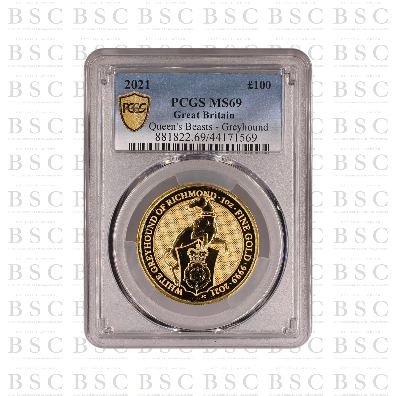 2021 GB 1oz Queen’s Beasts Greyhound Gold Coin MS69 PCGS