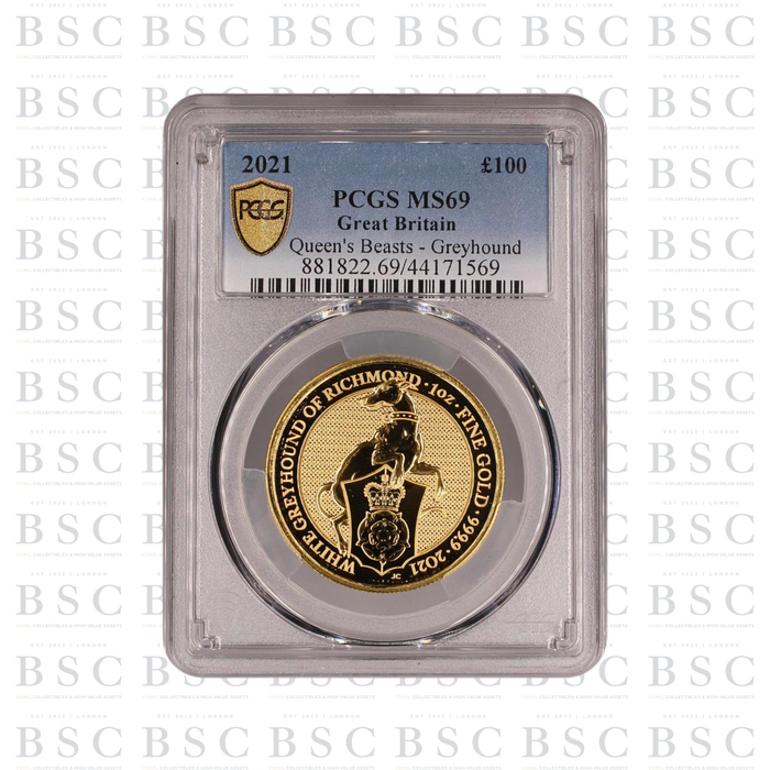 2021 GB 1oz Queen’s Beasts Greyhound Gold Coin MS69 PCGS