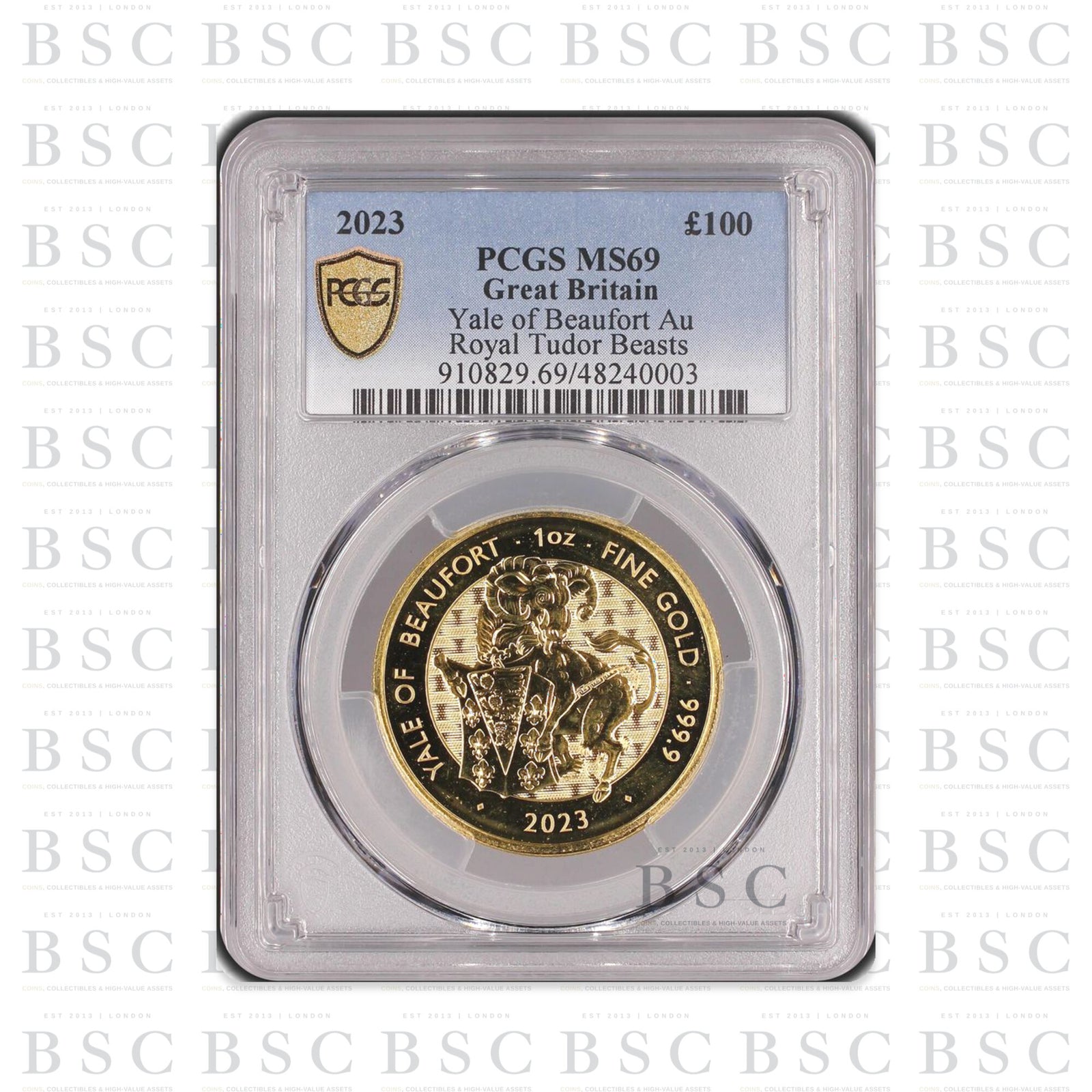 2023 1oz £100 Royal Tudor Beasts Yale of Beaufort Gold Coin MS69 PCGS