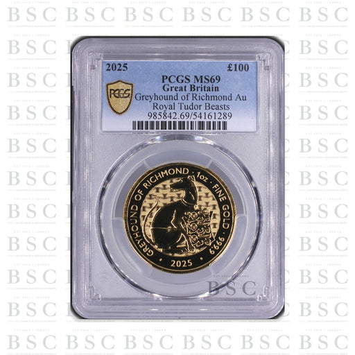 2025 1oz £100 Royal Tudor Beasts Greyhound of Richmond Gold Coin MS69 PCGS