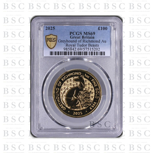 2025 1oz £100 Royal Tudor Beasts Greyhound of Richmond Gold Coin MS69 PCGS