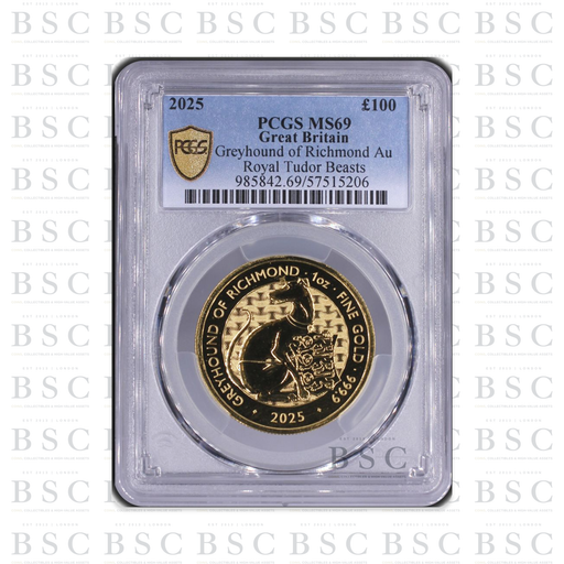 2025 1oz £100 Royal Tudor Beasts Greyhound of Richmond Gold Coin MS69 PCGS