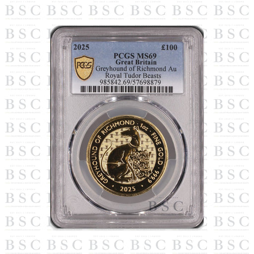 2025 1oz £100 Royal Tudor Beasts Greyhound of Richmond Gold Coin MS69 PCGS