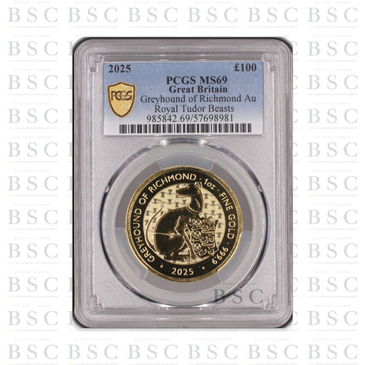 2025 1oz £100 Royal Tudor Beasts Greyhound of Richmond Gold Coin MS69 PCGS