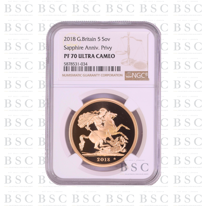 2018 £5 Quintuple Sovereign St George Sapphire Privy Proof Gold Coin PF70 NGC