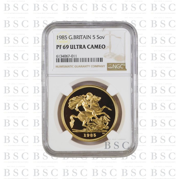 1985 £5 Quintuple Sovereign St George Proof Gold Coin PF69 NGC
