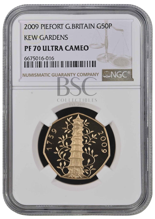 Elizabeth II, 2009 Gold Proof "Kew Gardens" Piedfort Fifty Pence NGC PF70 Ultra Cameo