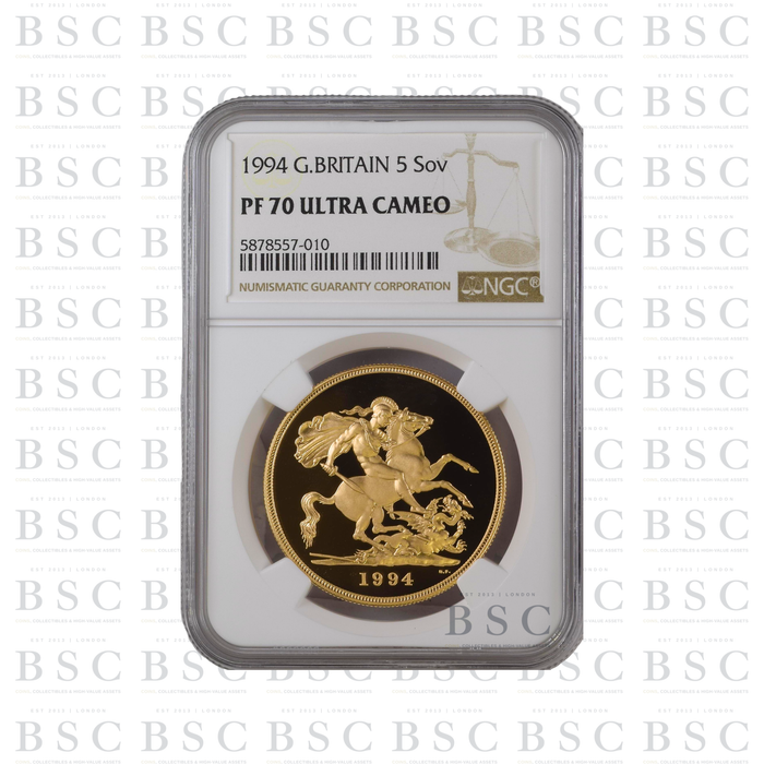 1994 £5 St George Quintuple Sovereign Proof Gold Coin PF70 NGC