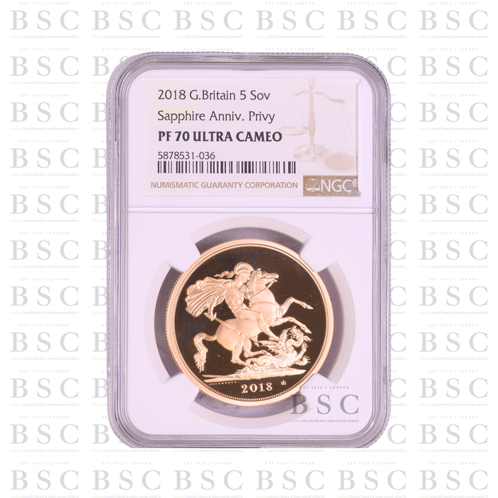 2018 £5 Quintuple Sovereign St George Sapphire Privy Proof Gold Coin PF70 NGC