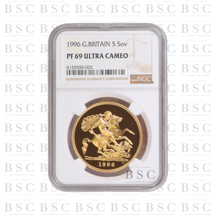 1996 GB £5 Quintuple Sovereign St George Gold Proof Coin PF69 NGC