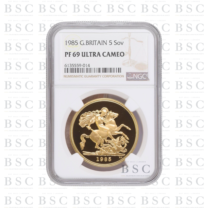 1985 GB £5 Quintuple Sovereign St George Gold Proof Coin PF69 NGC