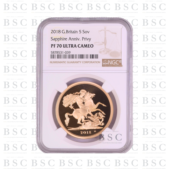 2018 £5 Quintuple Sovereign St George Sapphire Privy Proof Gold Coin PF70 NGC