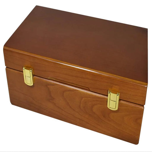 Closed teak-finish wooden graded coin storage box