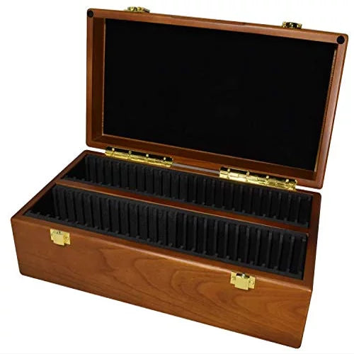Open teak-finish wooden storage box for 50 graded coin holders
